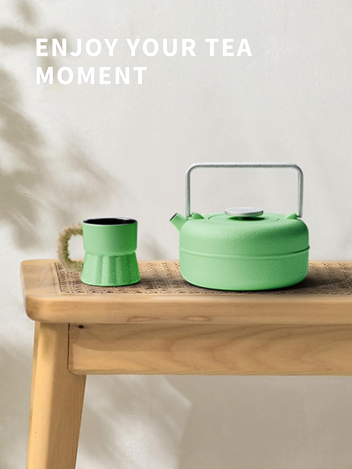 Toptier Teapot with Removable Infuser, Cast Iron Tea Kettle Stovetop Safe, Solid Geometry Cylinder Design Tea Pot Coated with Enameled Interior for 27 Ounce (800 ml), Emerald Green