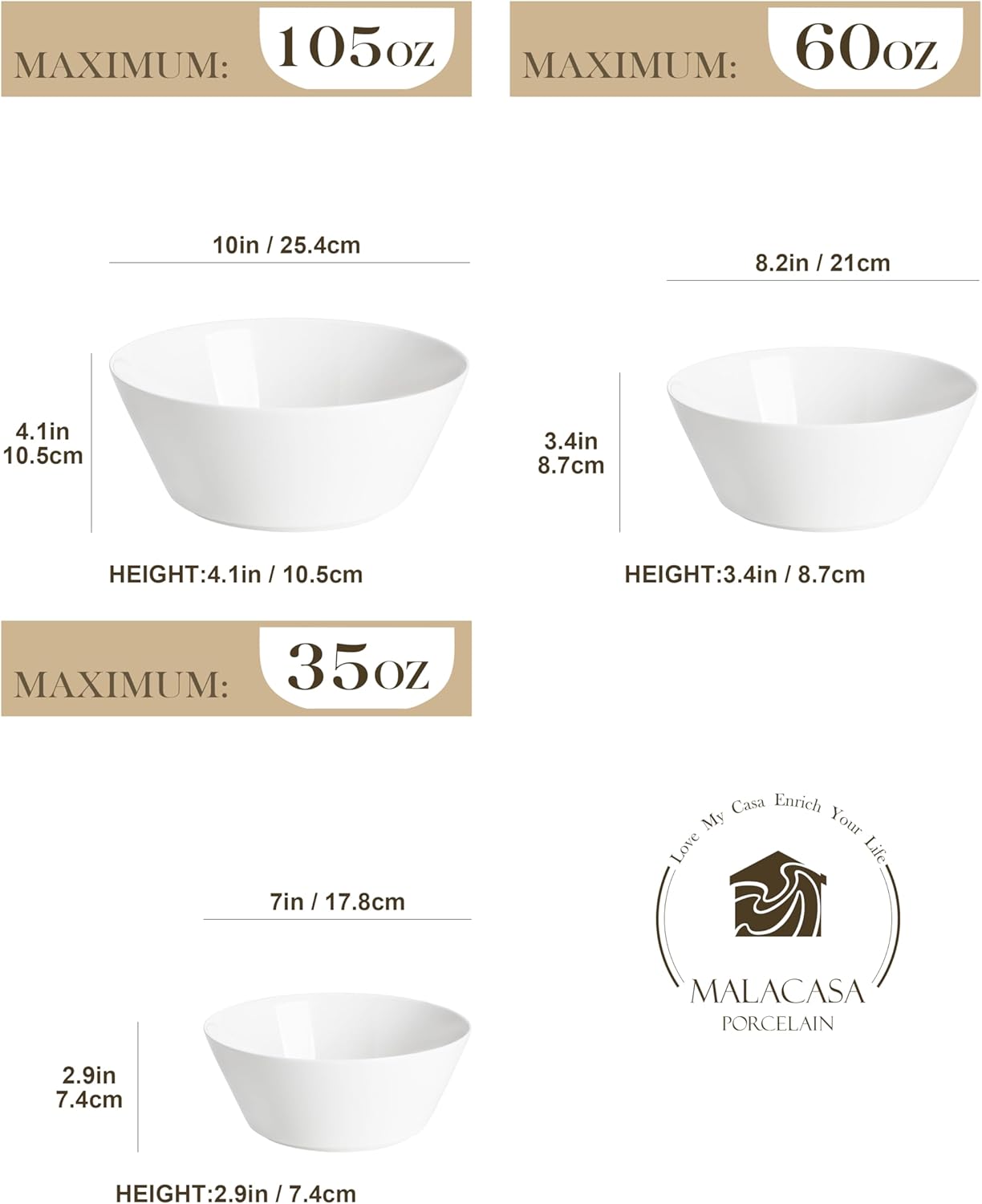 MALACASA Serving Bowls, Ceramic Mixing Bowls for Kitchen, 105/60/35 OZ White Bowls Set of 3, Microwave and Dishwasher Safe, Series Regular