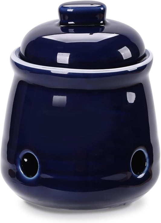 HAOTOP Ceramic Mini Garlic Keeper with Lid, Garlic Container Saver for Countertop, Keep Your Garlic Cloves Fresh (Navy)