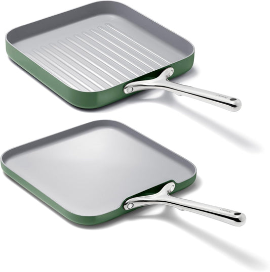 Caraway Griddle Pan & Grill Pan Duo - Non-Stick Ceramic Coated - Non Toxic, PTFE & PFOA Free - Oven Safe & Compatible with All Stovetops – Sage