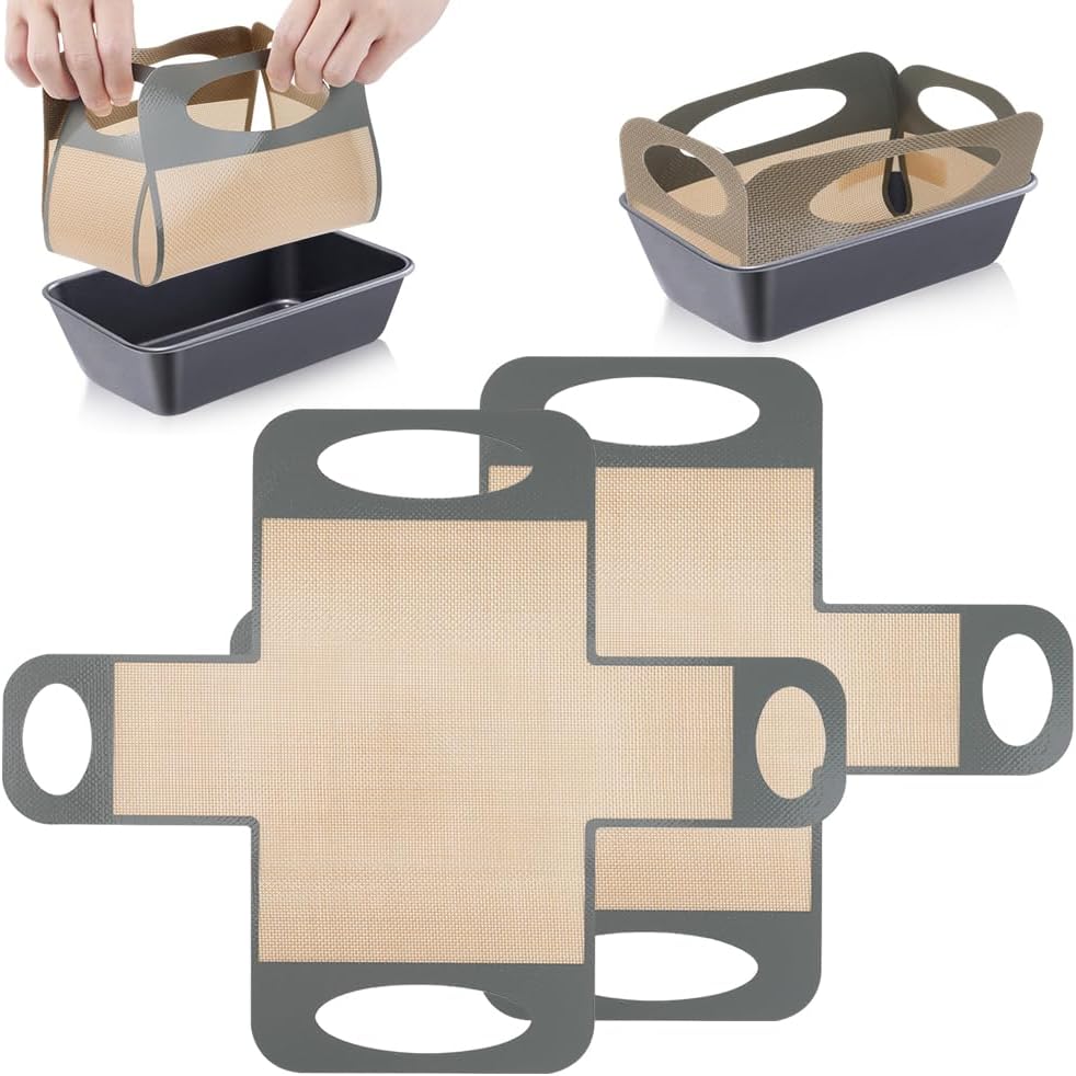 2 Pack Reusable Silicone Bread Loaf Pan Liners, Non-Stick & Easy Clean Baking Mats with 4 Handles for 9x5" Baking Loaf Pans, Baking Accessories for Baking Bread, Cookies