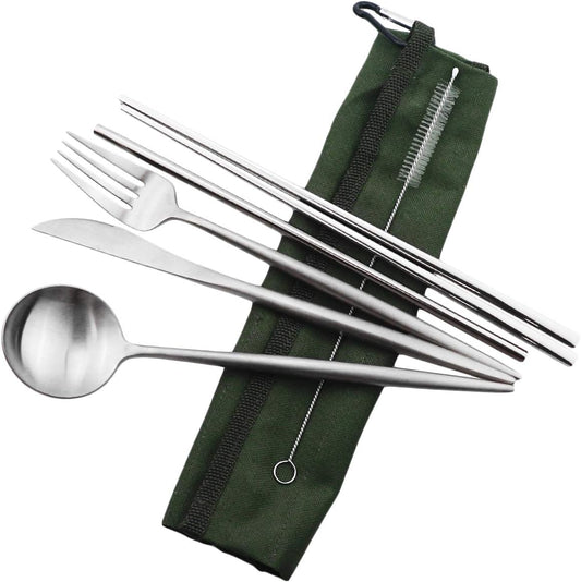 Gugrida Reusable Travel Utensils, 7 Pieces Portable 18/10 Stainless Steel include Knife Fork Spoon Chopsticks Cleaning Brush Straws Portable Pouch, Eco-friendly Camping Silverware Set, Dishwasher Safe
