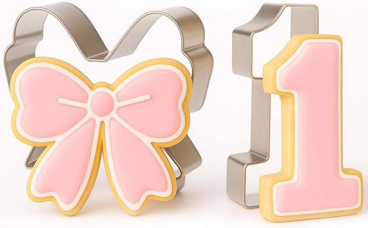 Honeydak 2 Pcs 5 Inch Bowknot Cookie Cutter Number One Cookie Cutter Bow and Number 1 Baking Mold Metal Pancake Fondant Cake Mold for First Birthday First Anniversary Party Baking Supply