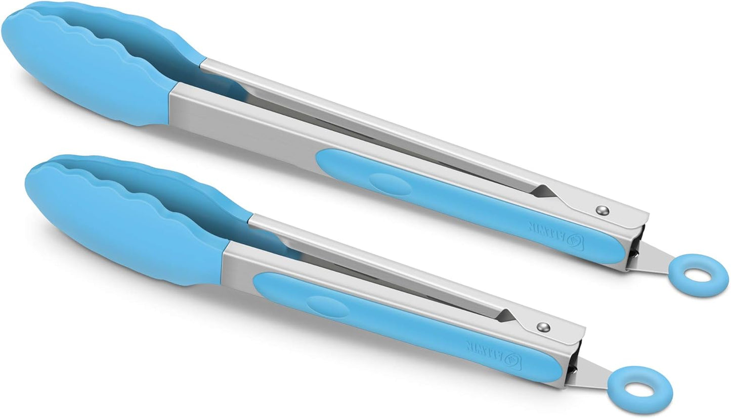 Set of 2 Kitchen Tongs, Premium Stainless Steel Locking 9-Inch & 12-Inch Silicone Grilling Barbeque Cooking Food Tong, Blue