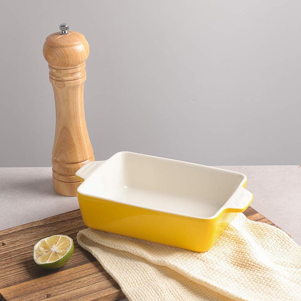 Sweejar Ceramic Baking Dish, Rectangular Small Baking Pan with Double Handles, 20 Oz for Cooking, Brownie, Kitchen, 6.5 x 4.9 x 1.8 Inches(Yellow)
