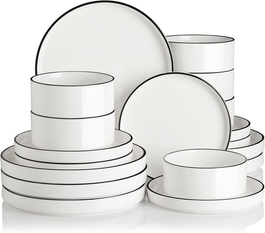 Sweejar Porcelain Dinnerware Sets for 6, 18 Pieces Ceramic Plates and Bowls Set, Classic Modern Simple Kitchen Dinner Dining Ware Set, Dishwasher and Microwave Safe Dishes Sets(Pure White-Black Rim)