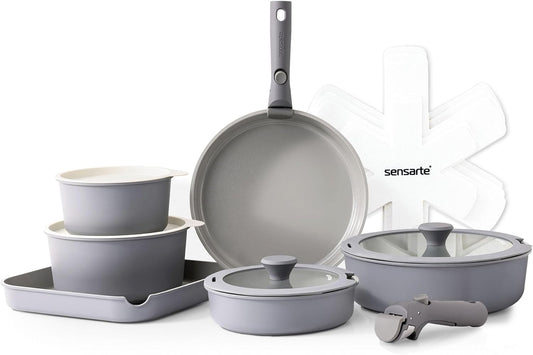 SENSARTE 17 Piece Ceramic Pots and Pans Set, Nonstick Detachable Handle Cookware, Induction Kitchen Cookware Set with Removable Handle, Dishwasher ＆ Oven Safe (Gray)