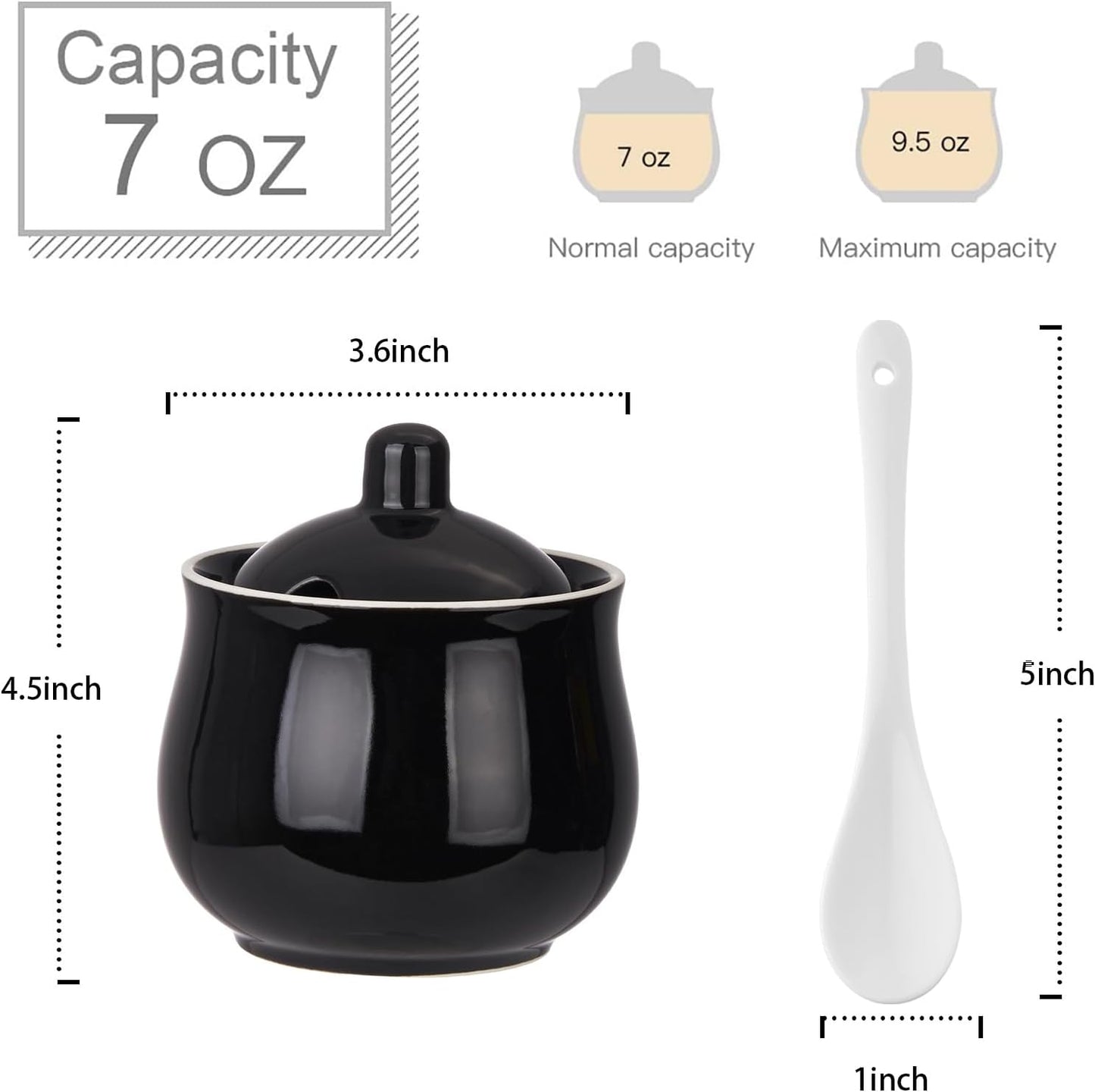 Ceramic Sugar Bowl with Lid and Spoon, Black Porcelain Sugar Salt Pepper Storage Jar, 8 Ounces