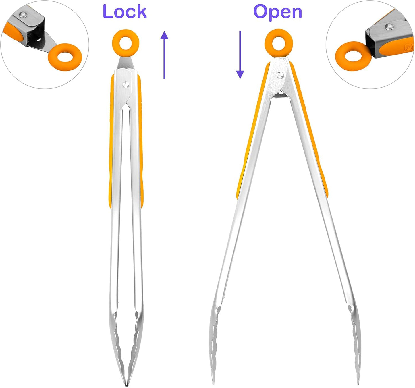 304 Stainless Steel Kitchen Cooking Tongs, 12" and 14" Set of 2 Sturdy Grilling Barbeque Brushed Locking Food Tongs with Ergonomic Grip, Orange