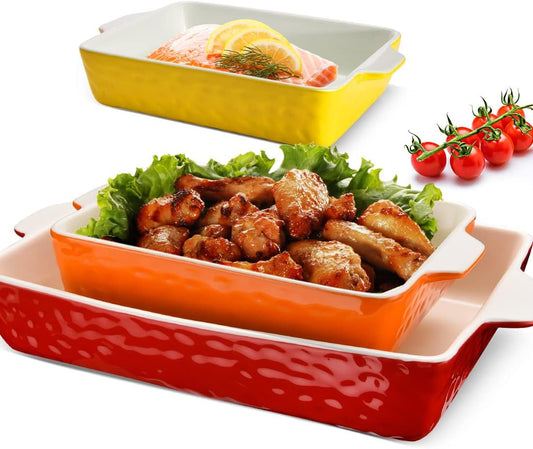 3Pack Ceramic Baking Dish for Oven Large Casserole Baking Dish with Handles Packaging Upgrade Nonstick Ceramic Bakeware for Cooking, Cakes, Lasagna & Gift, Red