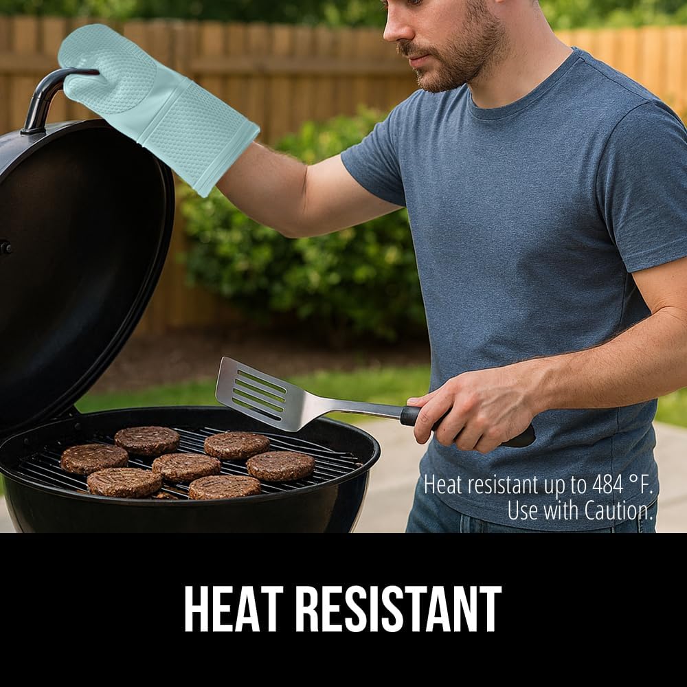 GORILLA GRIP BPA-Free Soft Silicone Oven Mitts, 14.5x8.3, Heat Resistant and Waterproof Cooking Gloves, Thick Cotton Lining, Flexible Gripping for Baking Grilling, Kitchen Potholders Set of 2, Mint