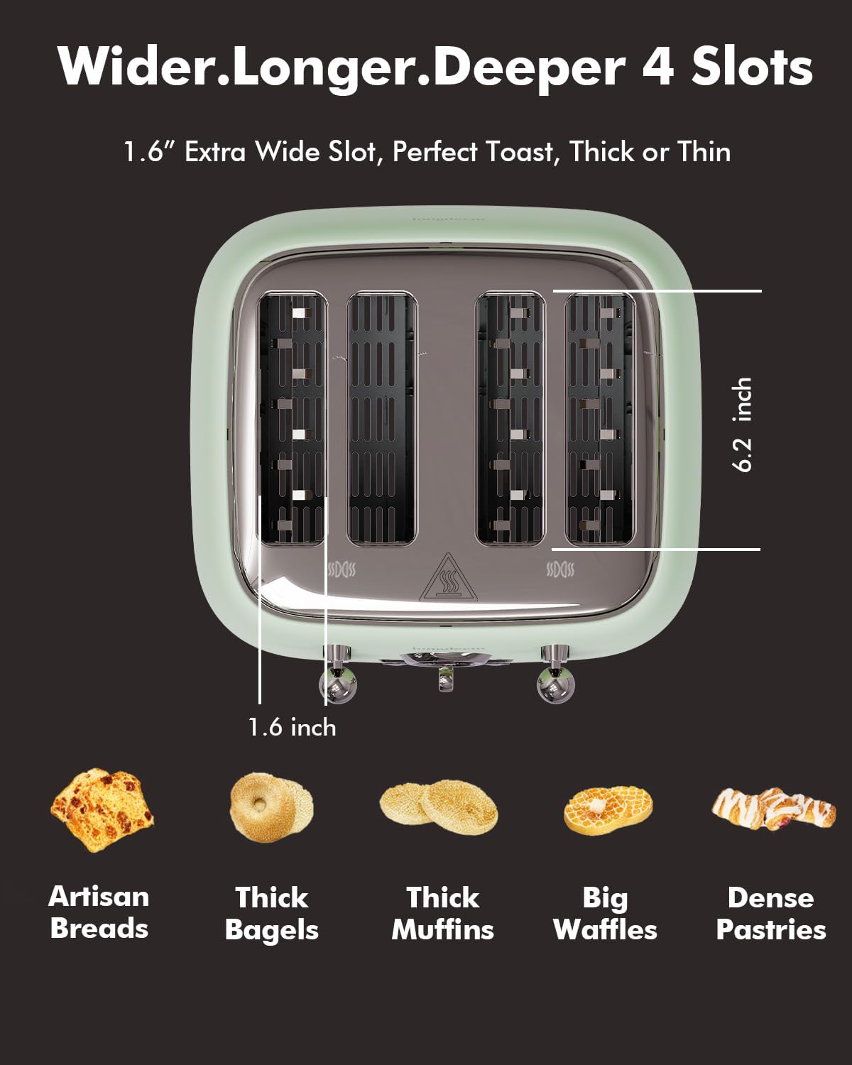 Retro 4-Slice Toaster 1.6" Wide Slots - 6 Toast Settings with Bagel Function, Stainless Steel Body, Defrost/Cancel Button & Crumb Tray, Vintage Green