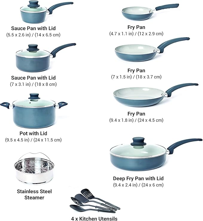 Mueller 16-Piece Nonstick Stone Cookware Set - PFOS/PFOA-Free, Stainless Steamer and Fry Pan, Vented Lids - Light Grey