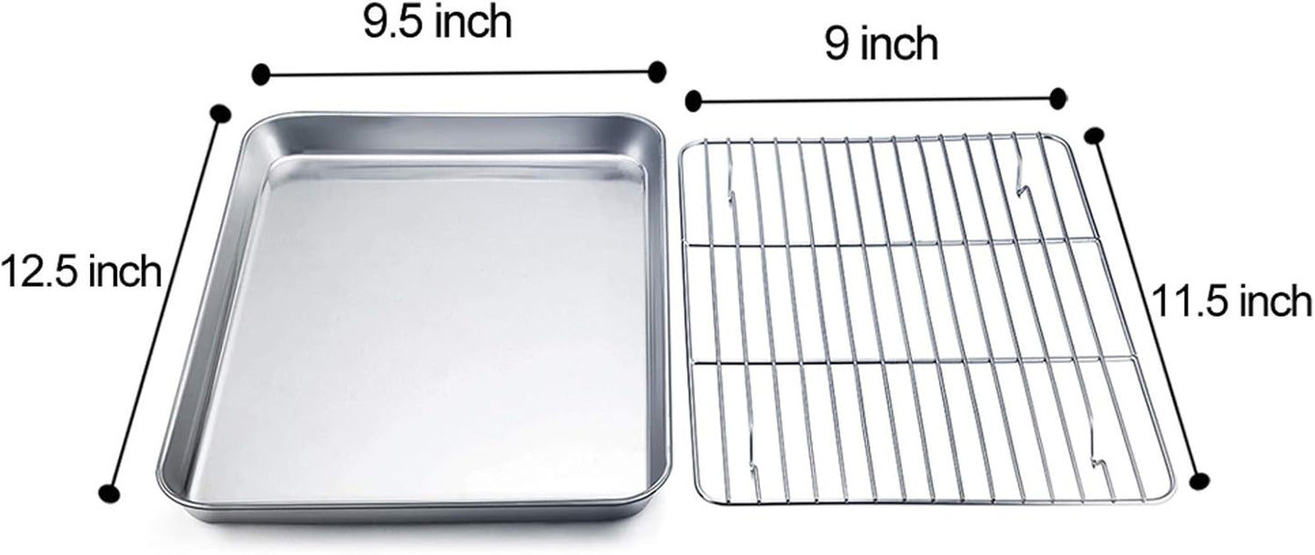 TeamFar Baking Pan with Rack Set of 4, 12.5’’ x 9.5’’ Stainless Steel Toaster Oven Baking Pan with Cooling Rack, Healthy & Non Toxic, Easy Clean& Mirror Finish, Dishwasher Safe - (2 Pans + 2 Racks)