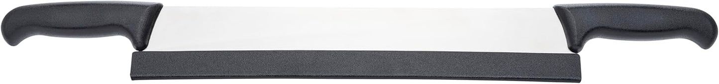 Mundial 16-Inch Carbon Stainless Steel Cheese Slicer Knife – Double Handle, Granton Edge for Non-Stick Cutting, Includes Safety Sleeve Protector, Ideal for Blocks of Cheese