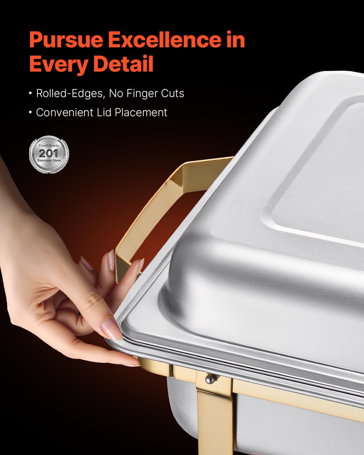 VEVOR Chafing Dish Buffet Set, 8 Qt 4 Pack, Stainless Steel Chafer with 2 Full Size and 4 Half Size Pans, Rectangle Catering Warmer Server with Lid Water Pan Stand, for Weddings Parties Banquets, Gold