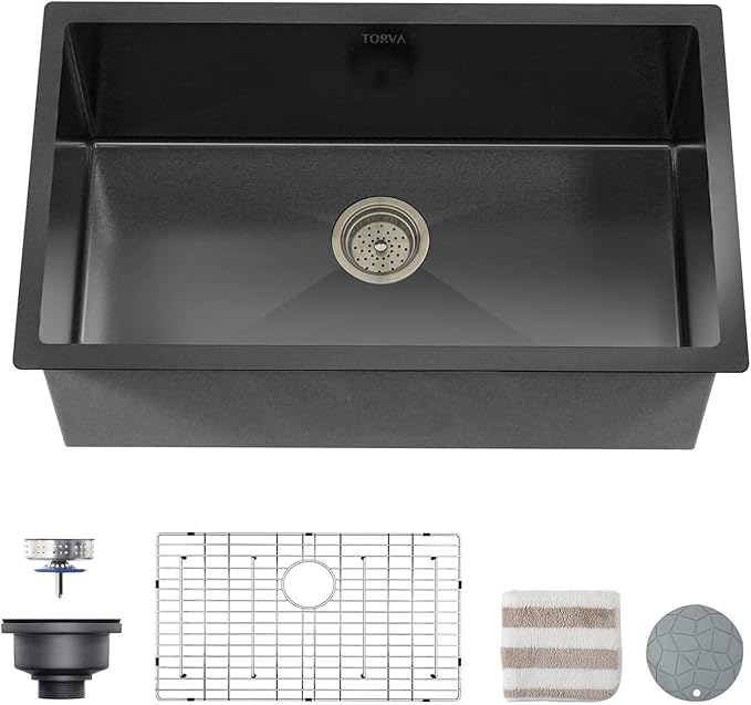 TORVA 32 x 19 Inch Gloss Black Ceramic Coating with NanoTek Undermount Kitchen Sink,PVD Coated Gunmetal Sink, 16 Gauge Stainless Steel Wet Bar or Prep Sinks Single Bowl, Dark Gray