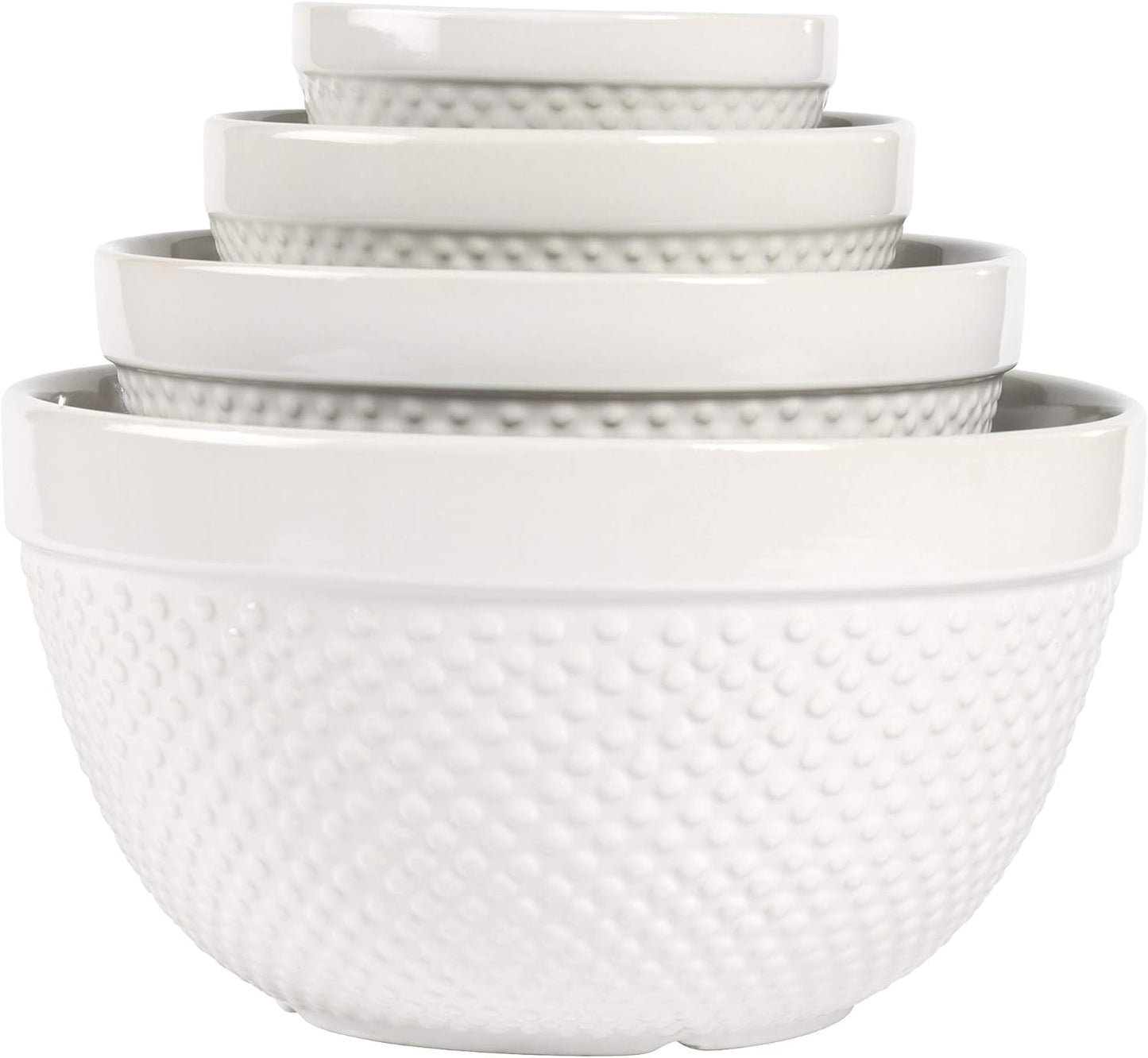 TTU Tabletops Gallery Hobnail Style 4 Piece Classic White Stoneware Nesting Mixing Bowl Set for Baking and Cooking