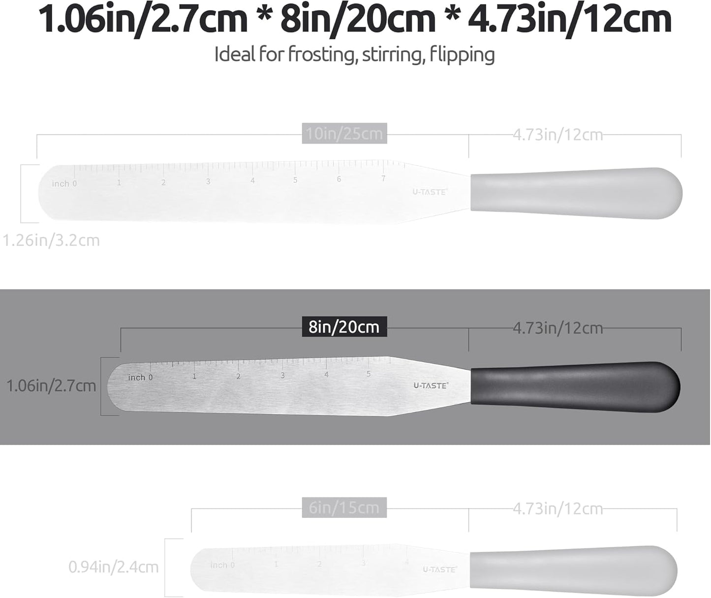 U-Taste 8in Cake Icing Spatula: Flexible Decorating Frosting Knife with Straight Thinner Stainless Steel Blade, Smooth Spreading Tools with Comfortable PP Handle for Cookie, Cream, Cupcake (Black)
