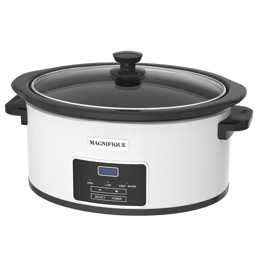 6-Quart Programmable Slow Cooker with Timer Keep Warm - Small Kitchen Appliance for Family Dinners - Serves 6+ People - Heat Settings: Keep Warm(White, Black Liner)