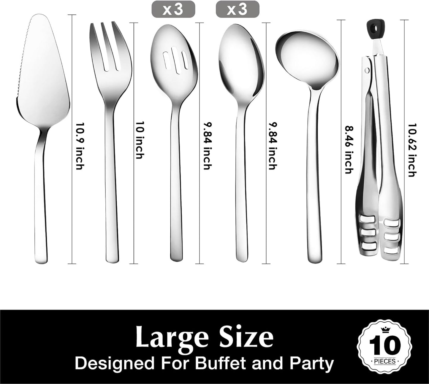 KINGSTONE Large Hostess Serving Utensils Set, Heavy Duty 18/10 Stainless Steel - 10 inch Serving Spoons, Slotted Spoons, Forks, Tongs, Cake Pie Server for Buffet, Wedding, Party
