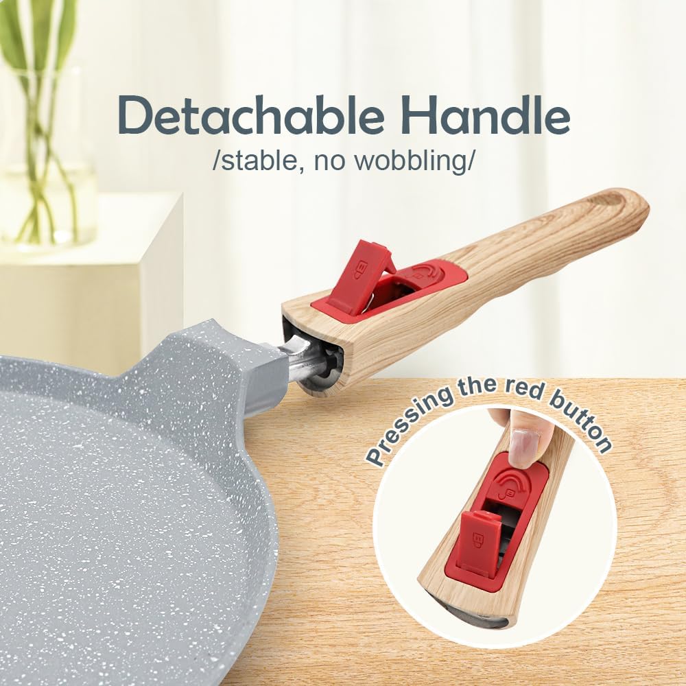 Ceramic Crepe Pan 10 in, Nonstick Dosa Pan with Detachable Handle, Pancake Pan Blue