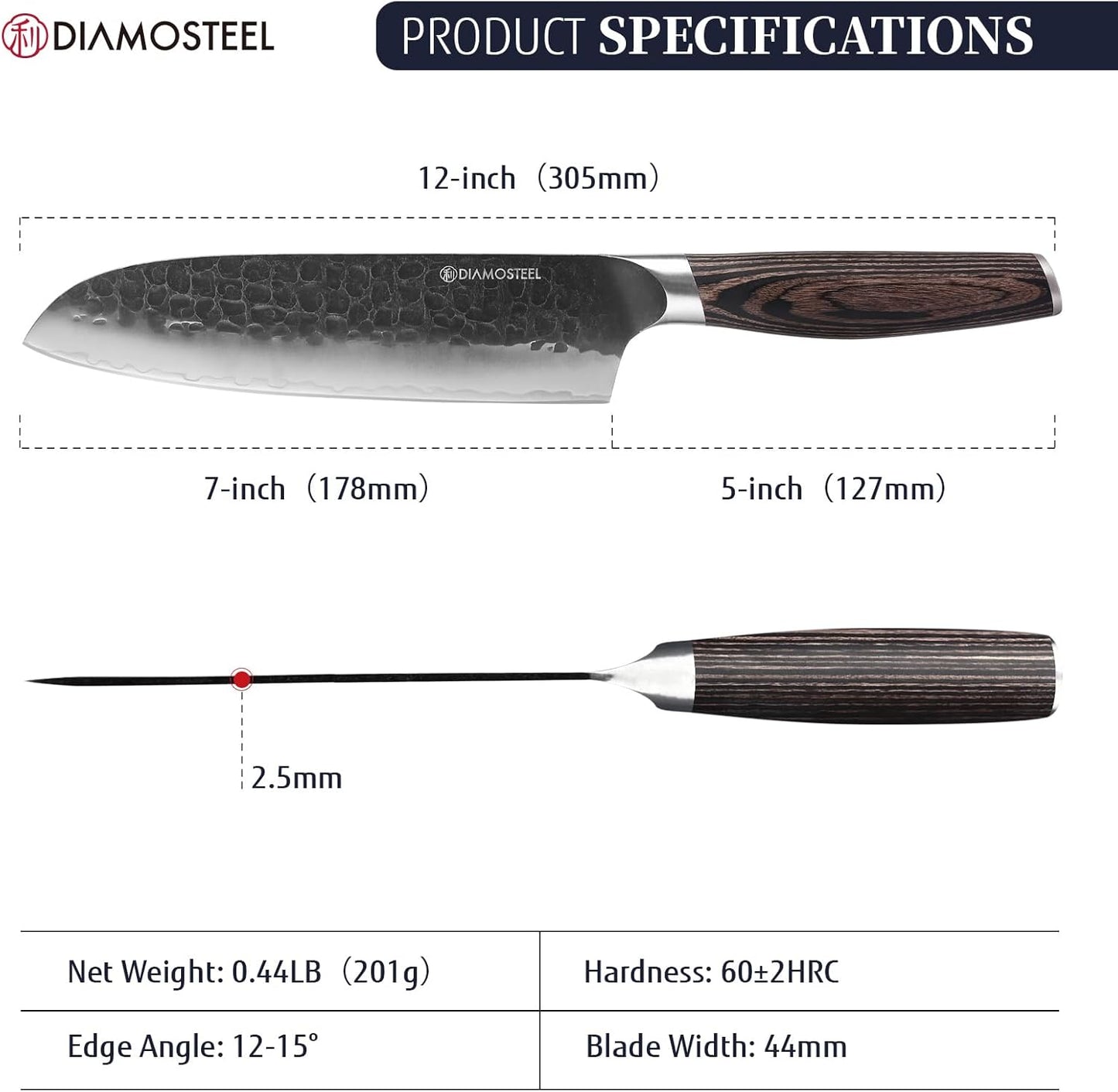 Santoku Knife - 7-Inch Professional Kitchen Knife - Hammered Black Oxide Blade Japanese 9CR18MOV High Carbon Stainless Steel Sharp Chef Knife - Ergonomic Pakkawood Handle with Present Box