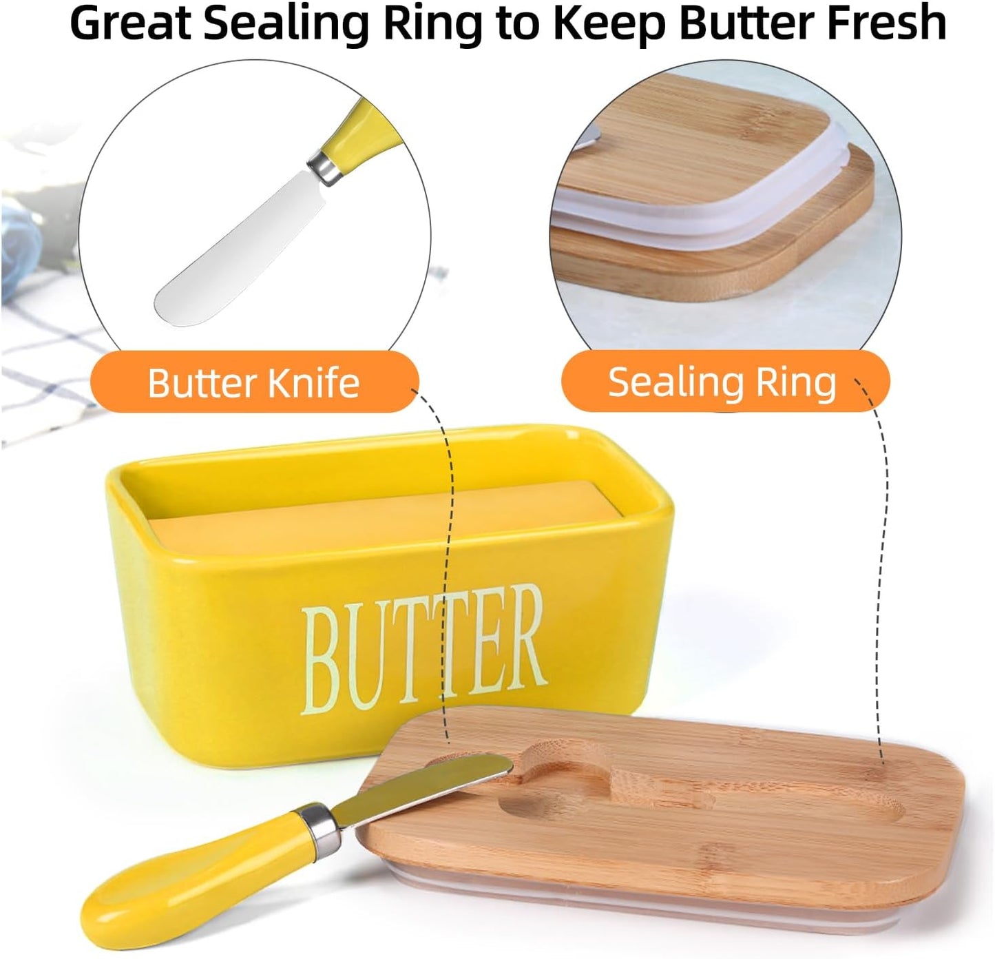 Ceramic Butter Dish with Wooden Lid, Large Butters Container Keeper Storage with Stainless Steel Knife Spreader, Bamboo Cover and Silicone Sealing Ring for West East Coast, Yellow