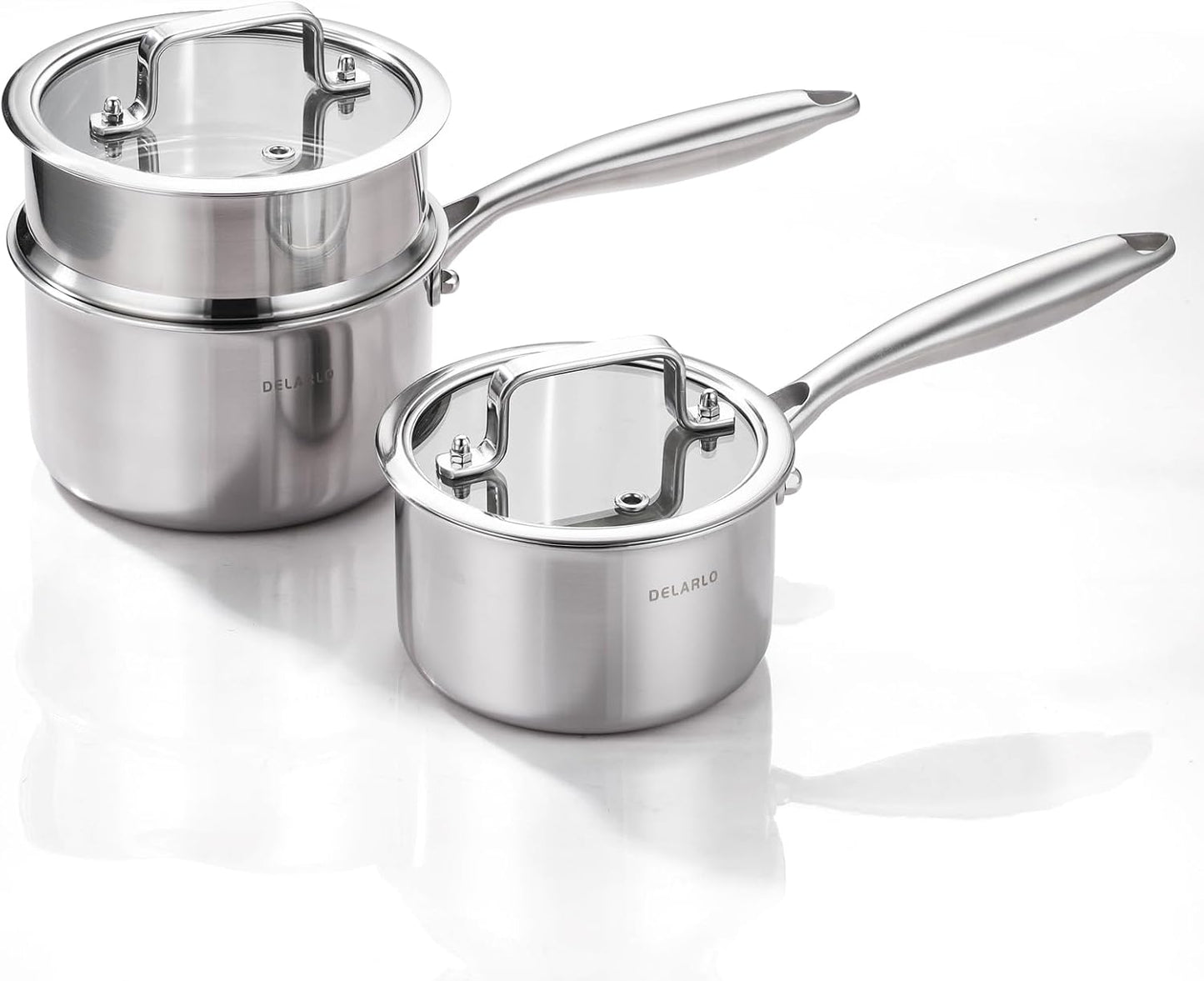 DELARLO Sauce Pan Sets, Compatible with All Cooktops 600℉, Full Clad Triply Stainless Steel Saucepan, 1QT Pot & 2 QT Pot with Steamer (Lids 300℉)