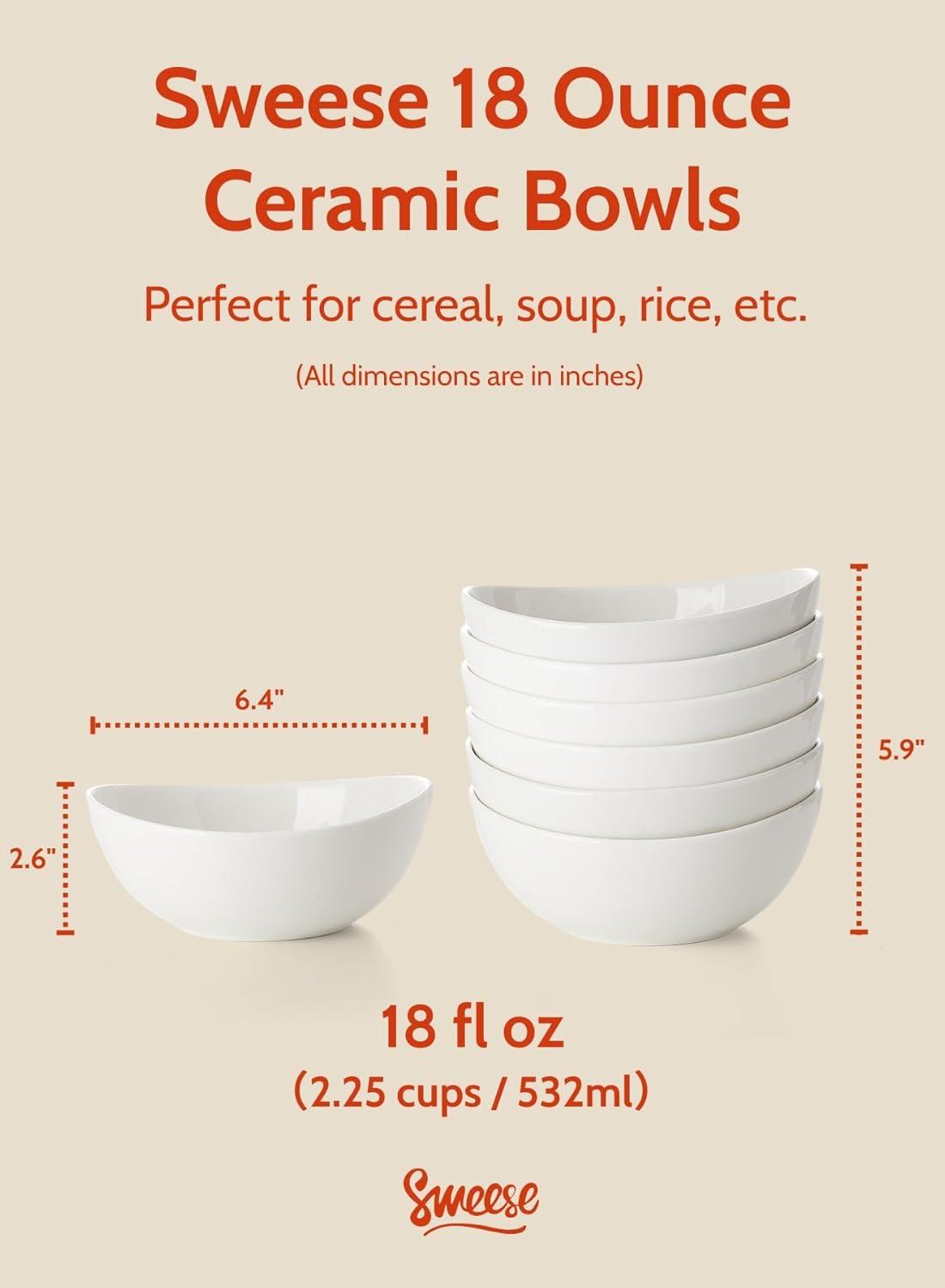Sweese Porcelain Bowls Set - 6 Inch, 18 oz, White, for Soup, Cereal, Fruit, Rice, Set of 6 - Microwave, Dishwasher, Oven Safe