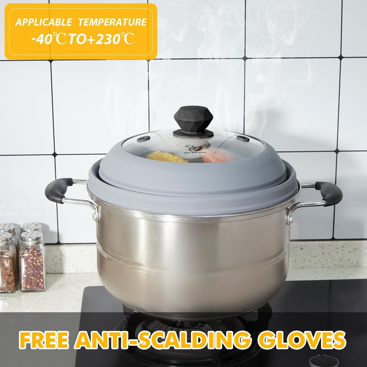 Microwave Splatter Cover Vented Glass Cover Splatter Guard Lid with Collapsible Silicone for Food as Pot Cover Plate Cover 10.8 inch for 6 7 8 9 10 inch Plate Bowl Light Grey