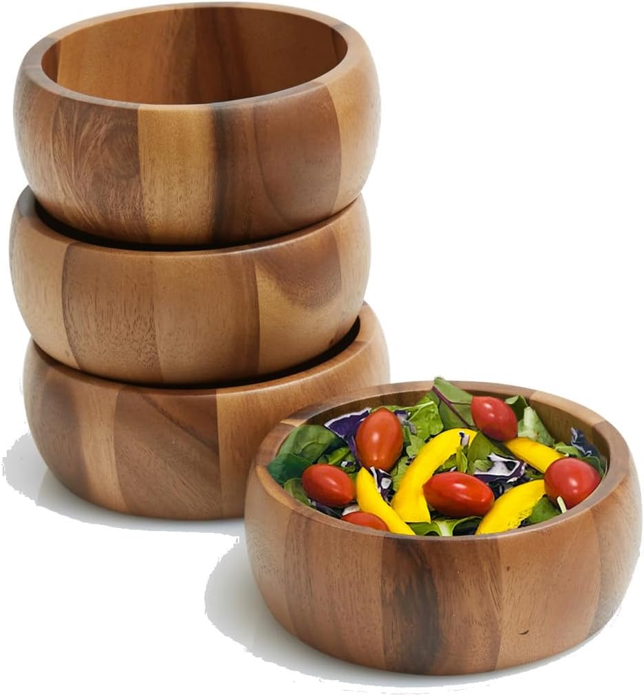 Woodard & Charles Set of 4 Acacia Wood Large Individual Salad Bowls, Snack Serving Bowls, 6 1/2" x 2 1/2"