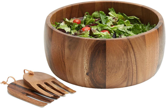 Woodard & Charles Acaica Wood 12" x 5" Serving Bowl Set with Serving Hands, 3 Piece Set ★★PACK OF 4★★
