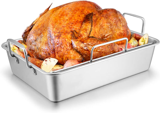 Roasting Pan with Rack for Turkey Chicken, Joyfair Stainless Steel Roaster Pan and V-rack for Toaster Oven, Rectangular Bakeware with Sturdy Handles, Heavy Duty & Dishwasher Safe (Large)