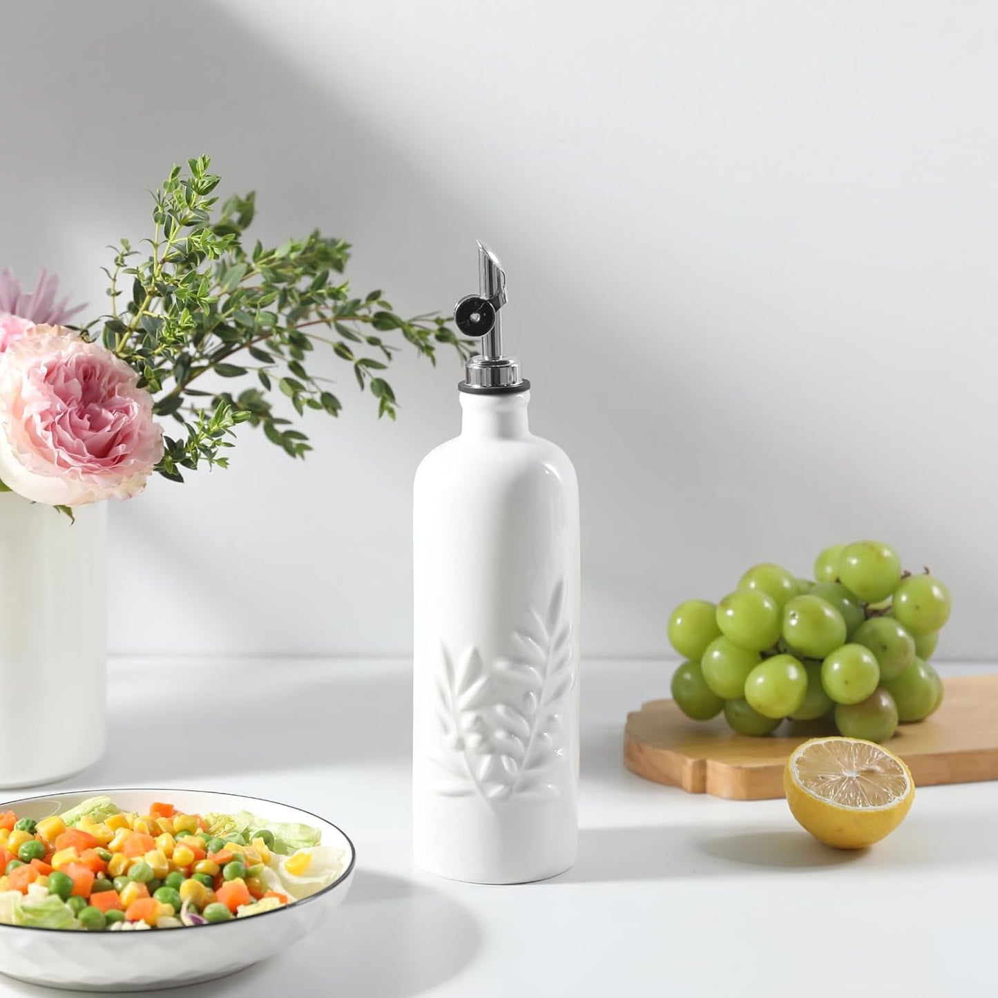 Sweejar 18 Oz Oil Dispenser for Kitchen with Gravity Spout, Ceramic Olive Oil Dispenser Bottle, Relief Opaque Vinegar Container for Evoo, Vinegar, Soy Sauce, Pack of 1(White, Silver Spout)