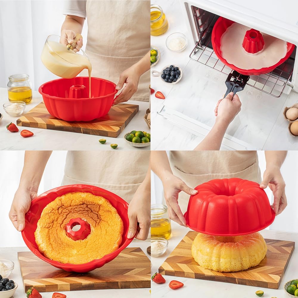 10 inch Silicone Bundt Cake Pan, Non-Stick Silicone Fluted Pans, ome Baking DIY Cake Mold for Cake, Jelly, Bread, Chocolate, Para Gelatinas (Red) (Red, 1 Pack)