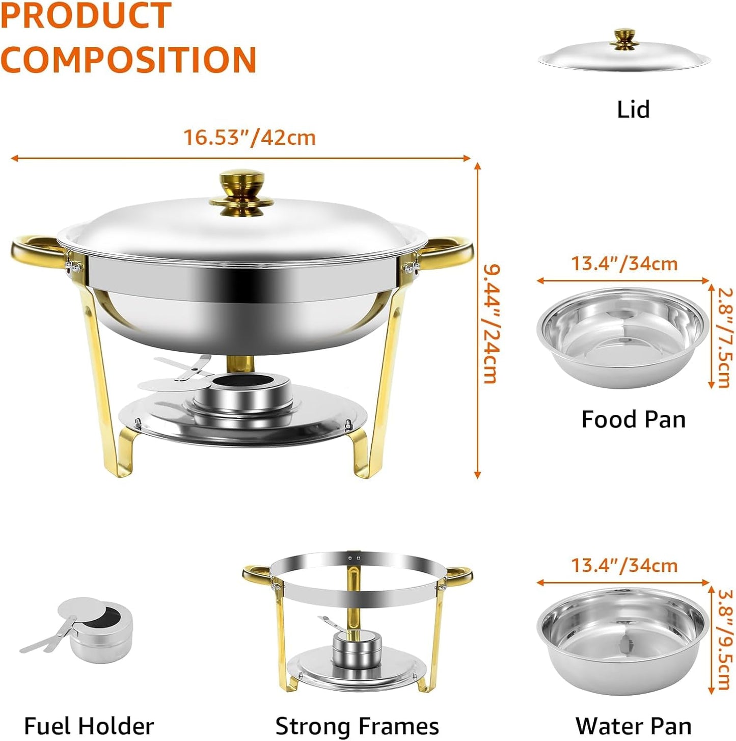 Gold & Silver Chafing Dishes for Buffet with Lid 5QT, 6 Pack - Food-Grade Stainless Steel Chafers and Buffet Warmers Sets with Lid Holder, Rolled Edge Design, for Party, Banquet