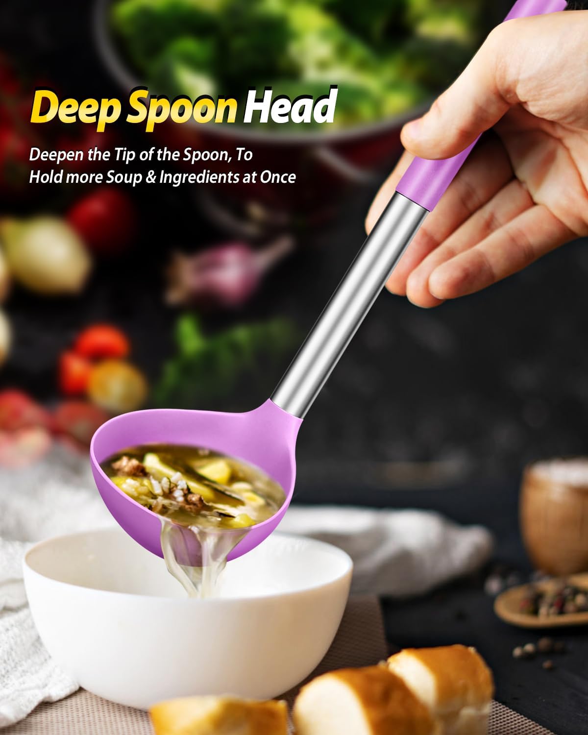 Silicone Pasta Fork and Ladle Spoon Set, Large Non Stick Kitchen Utensils for Cooking,Stirring,Serving Spaghetti, Soup, Sauce (PURPLE)