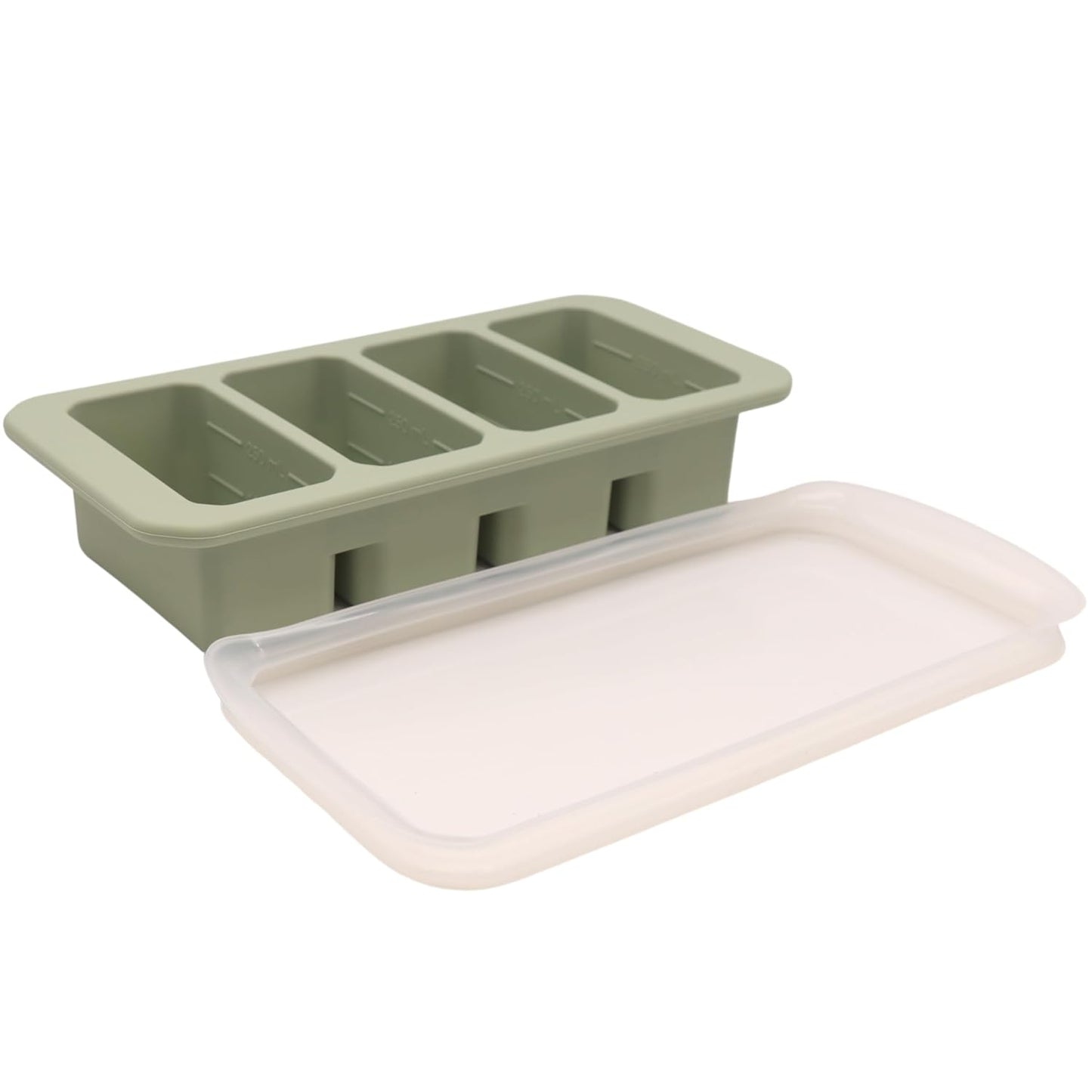 Silicone Freezer Tray with Clear Lid, 4 Compartments with 1 Cup Capacity Each, Large Ice Cube Molds, Microwave and Dishwasher Safe, for Freezing Soup, Sauce, Broth, etc. Sage Green