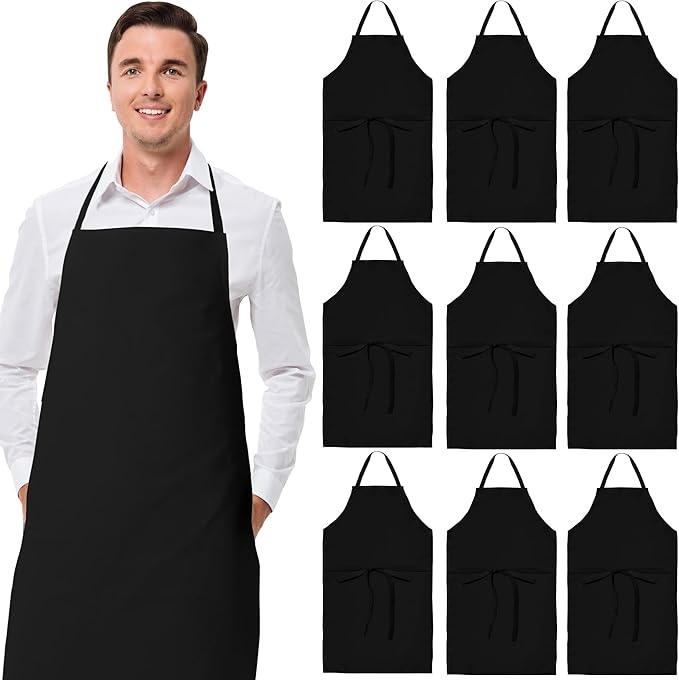 White Classic Black Aprons Bulk - Commercial Chef Bib Apron for Kitchen and Restaurant Cooking without Pockets, Unisex Women and Men, Adult - 12 Pack