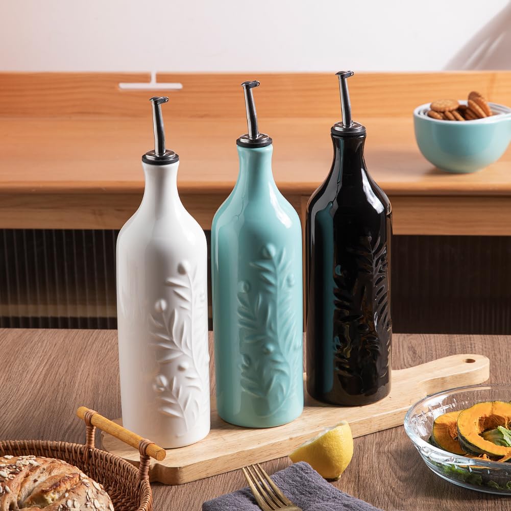 Sweejar Large Olive Oil Dispenser Bottle with Spout, 24 Oz Ceramic Oil Dispenser for Kitchen, Relief Opaque Oil Cruet, Oil Container for Cooking, EVOO, Avocado Oil, Vinegar, Pack of 1 (Beige)