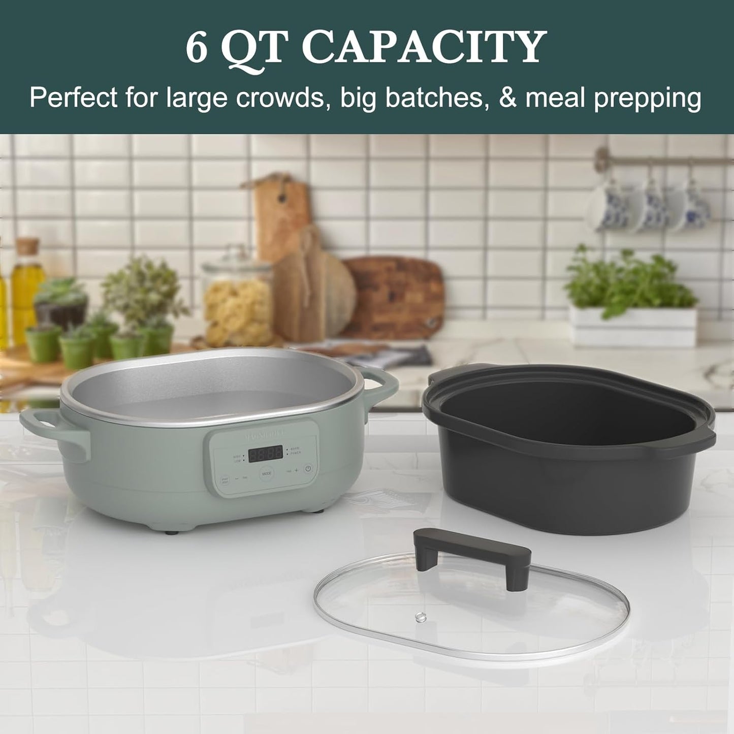 MAGNIFIQUE 6 Quart Programmable Slow Cooker Removable Healthy Nonstick Pot - Small Kitchen Appliance for Family Dinners - Serves 6+ People - Heat Settings: Keep Warm Olive