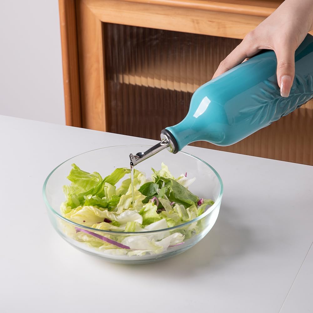 Sweejar Ceramic Olive Oil Dispenser Bottle, 20 Oz Relief Design EVOO Oil and Vinegar Dispensing Bottle with Spout for Kitchen, Set of 1 (Gradient Blue)