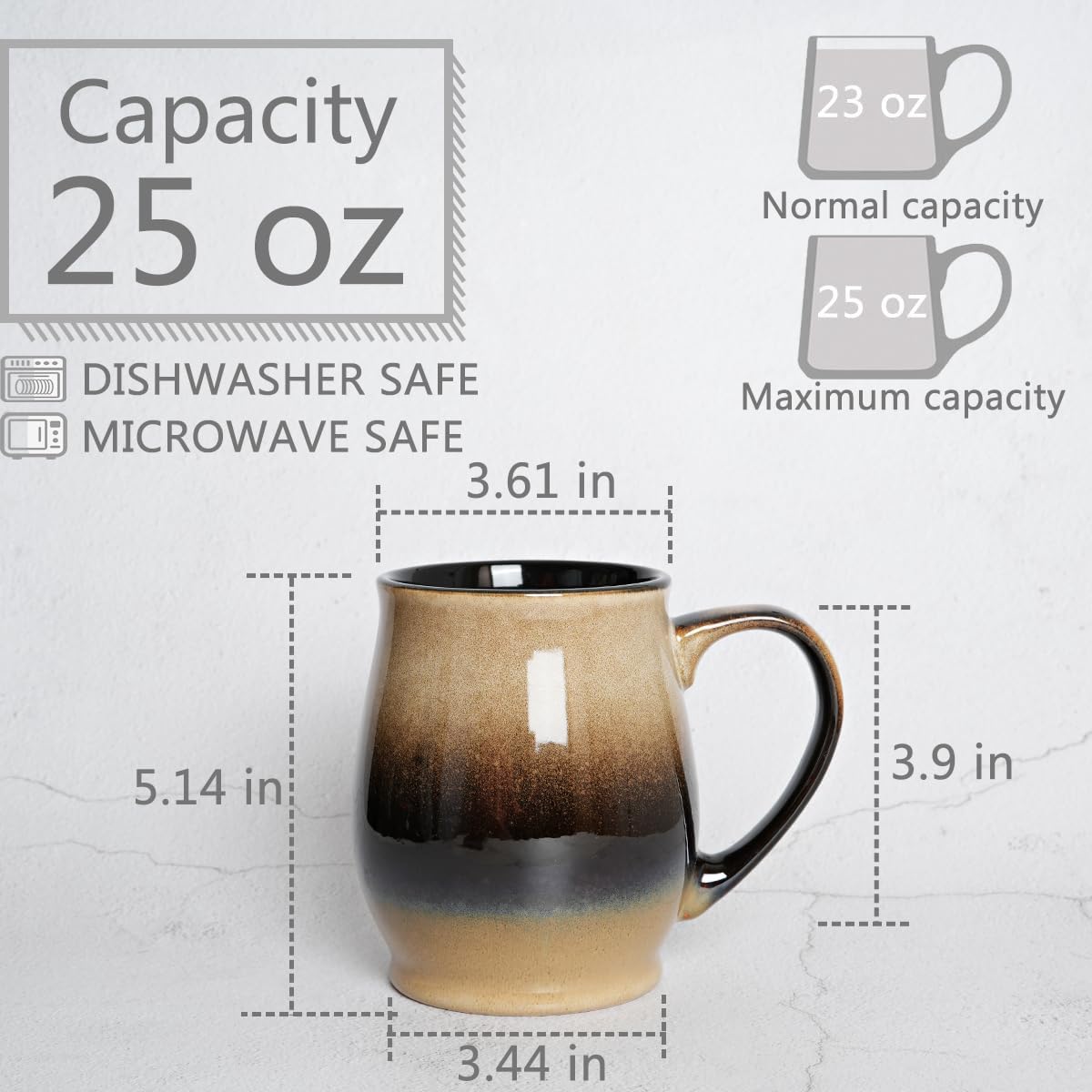 Bosmarlin Extra Large Ceramic Coffee Mug, 25 Oz, Dishwasher and Microwave Safe, Oversized Big Tea Cup for Office and Home, Reactive Glaze (Walnut)