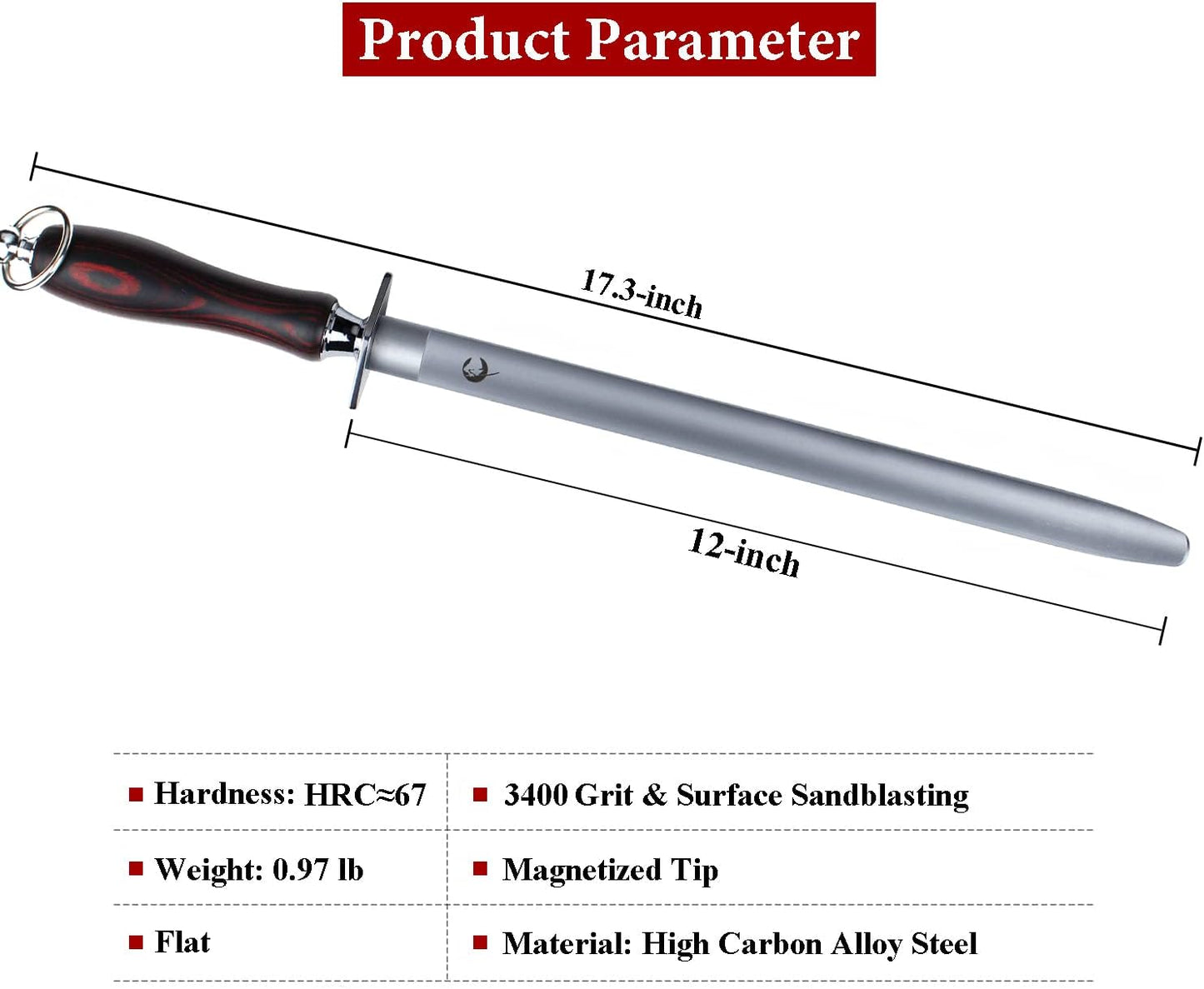 High Hardness Honing Steel 12 Inches Flat Knife Sharpener Steel Sharpening Rod for Kitchen Knives Carbon Steel Honing Rod