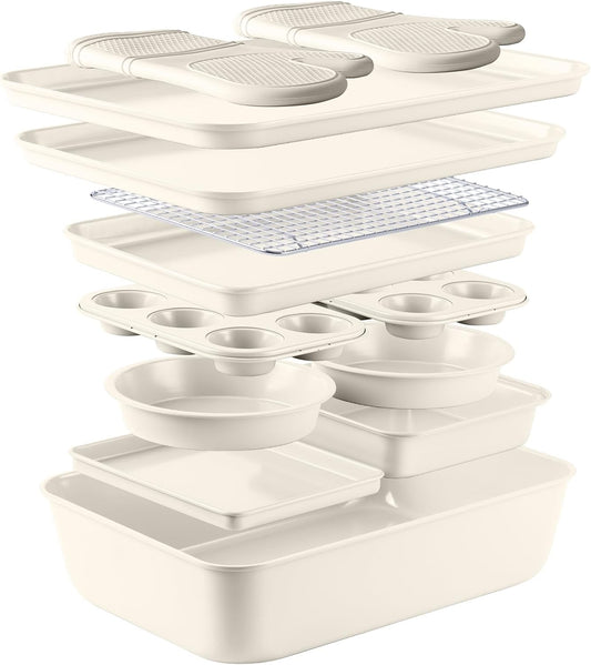 Country Kitchen Nonstick Stackable Bakeware Set - Deluxe Heavy Duty, Durable, Easy Release Baking Set, Cream, 13 Pcs