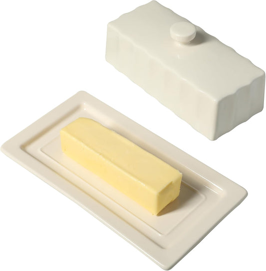 Martha Stewart Broadbrook Stoneware Butter Dish with Lid, Rectangular Covered Butter Keeper, 8.1 x 4.4 x 3 Inches, Classic Cream Glaze, Dishwasher Safe Ceramic Storage for Counter or Table