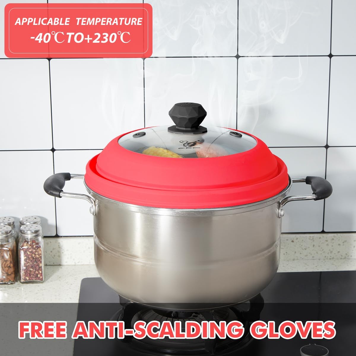 Microwave Splatter Cover Vented Glass Splatter Guard Lid with Collapsible Silicone for Food as Pot Cover Plate 10.8 inch for 6 7 8 9 10 inch Plate Bowl Red