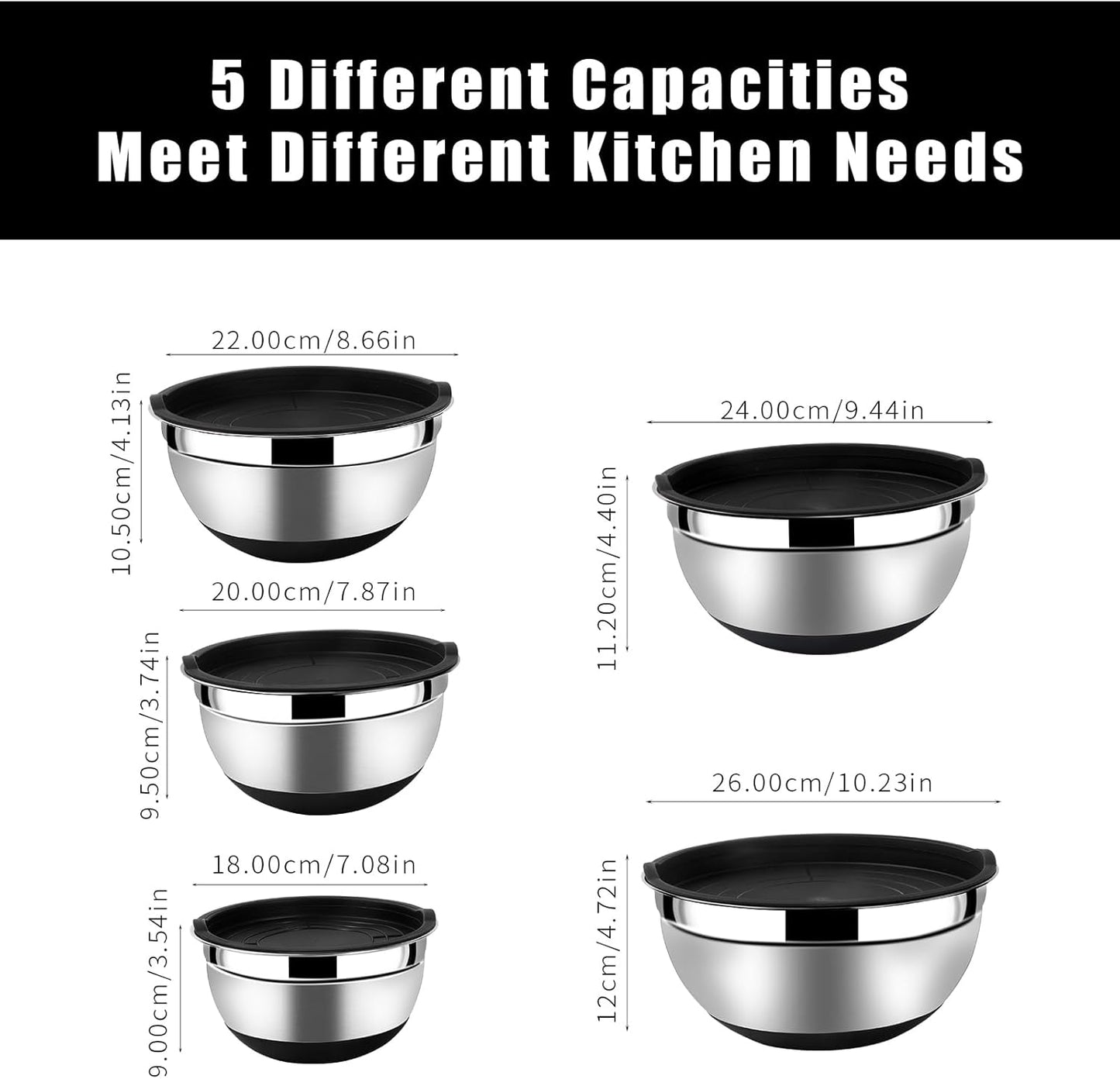 Lazycorner Mixing Bowls with Airtight Lids Set 5 Pcs Stainless Steel Bowls Set Baking Set Non-Slip Silicone Bottoms Great for Serving & Baking