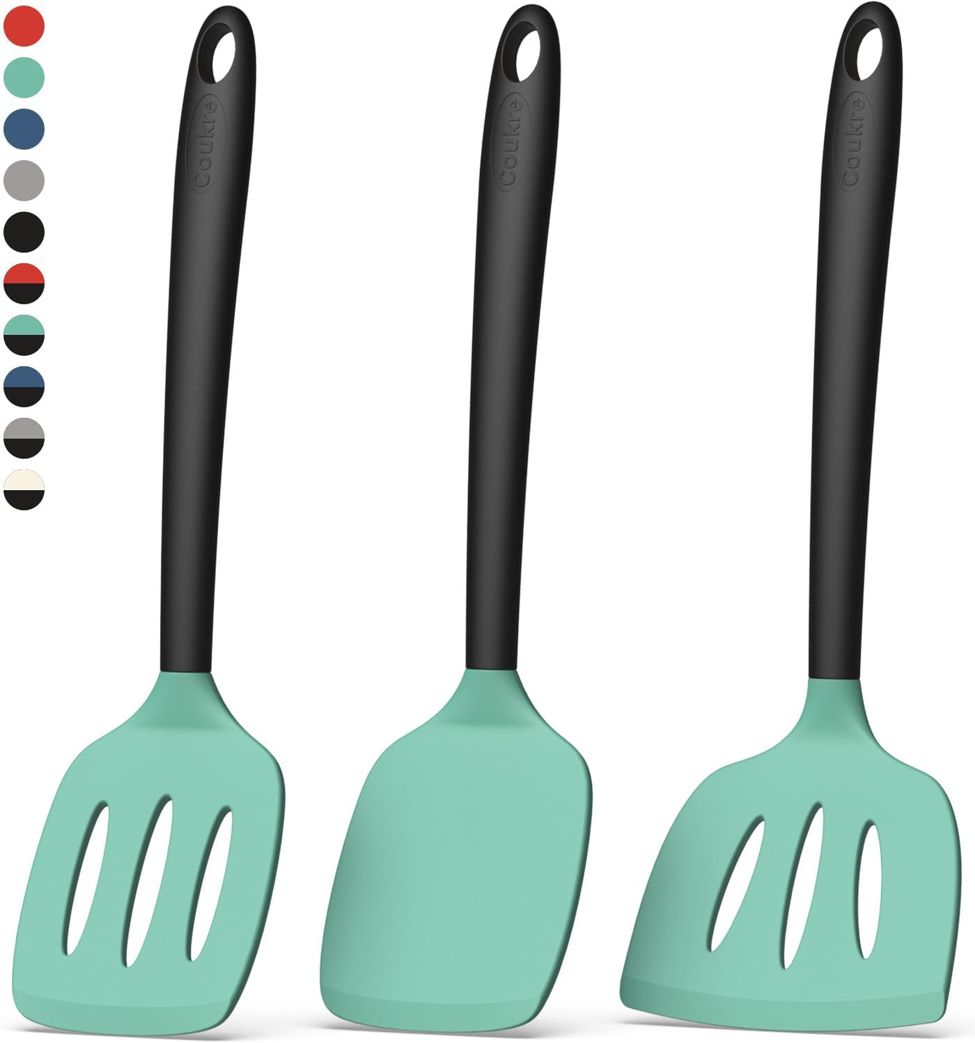 Coukre Silicone Spatula Set of 3, High Heat Resistant, BPA-Free, Kitchen Utensils, Fish Spatula, Solid & Slotted Turner for Non-Stick Pans, Flipping Eggs, Pancakes, Fish, Burgers (3, AquaGreen)